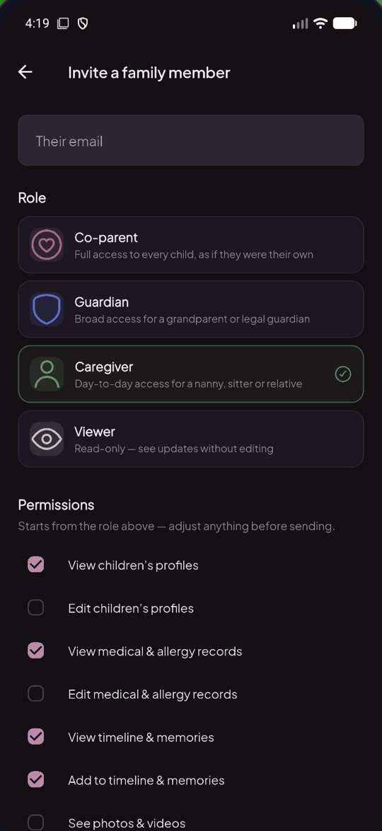 Inviting a family member, choosing a role and permissions