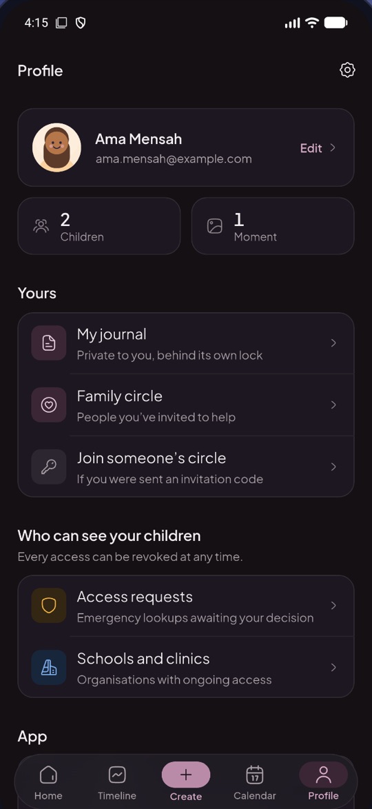 The profile screen with journal, family circle and organisation access
