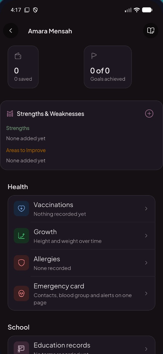 A child’s record in the app, with health and school sections